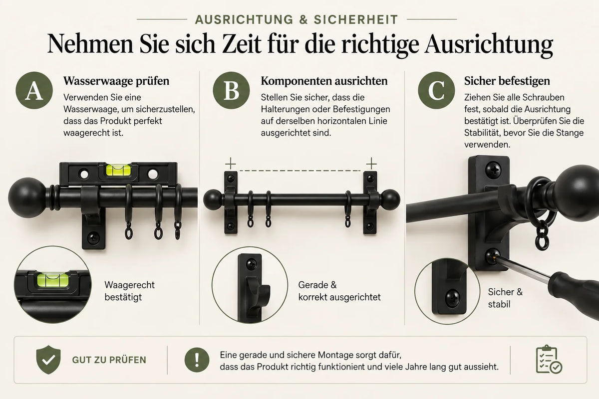 Wrought iron curtain pole alignment and security fitting