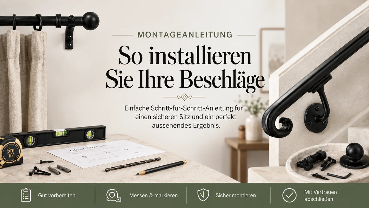 Wrought iron curtain pole installation guide in German