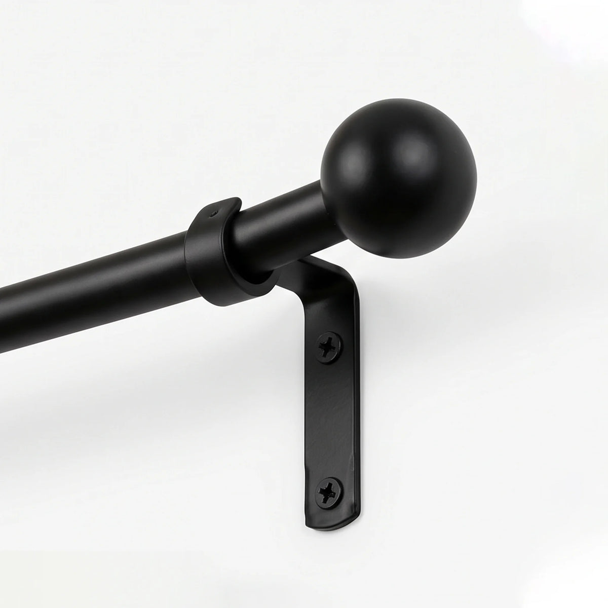 Matte black curtain rod and wall bracket set shown on a clean white background.