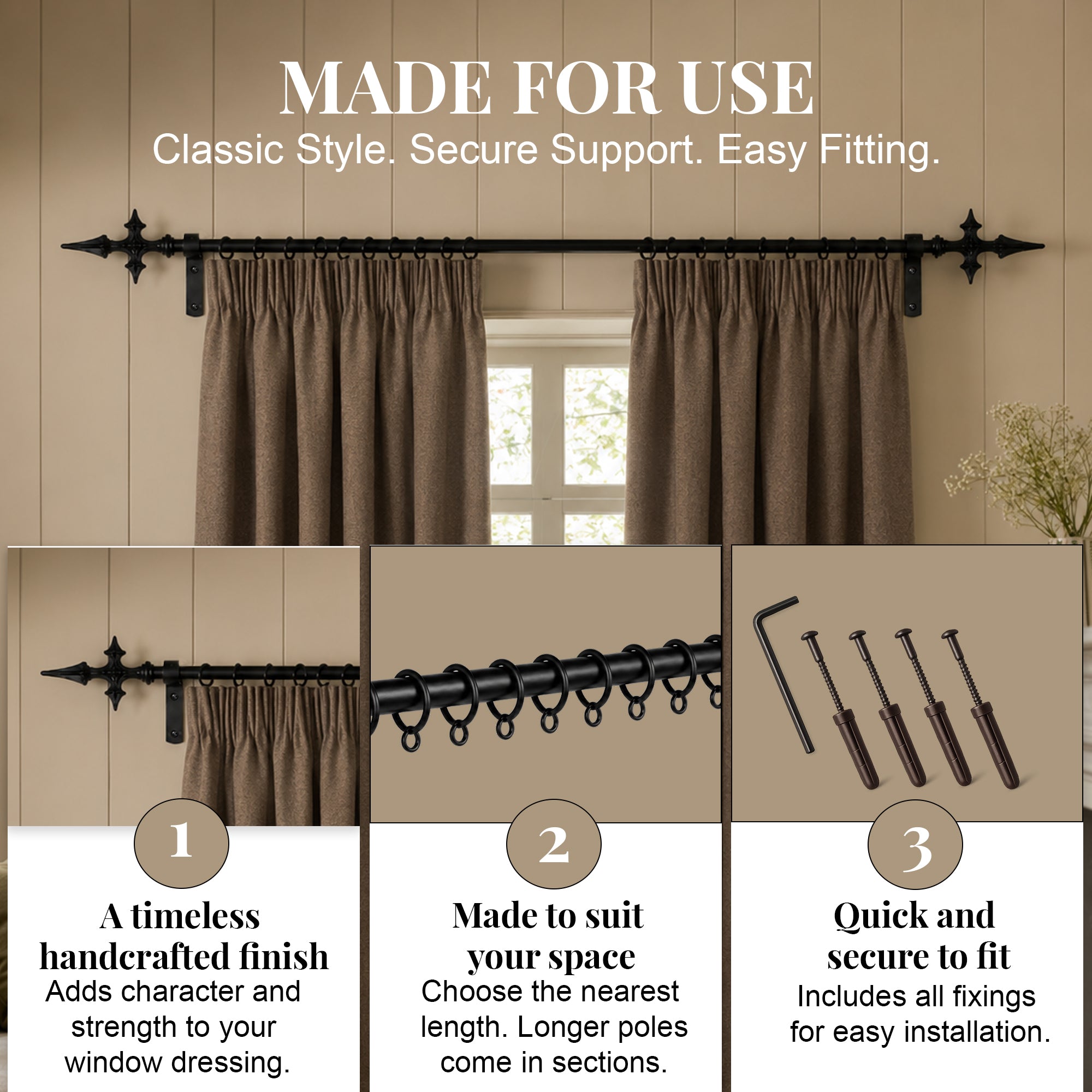 Premium 16mm Solid Wrought Iron Curtain Pole Set with Church Cross Finials – Smithy Matt Black