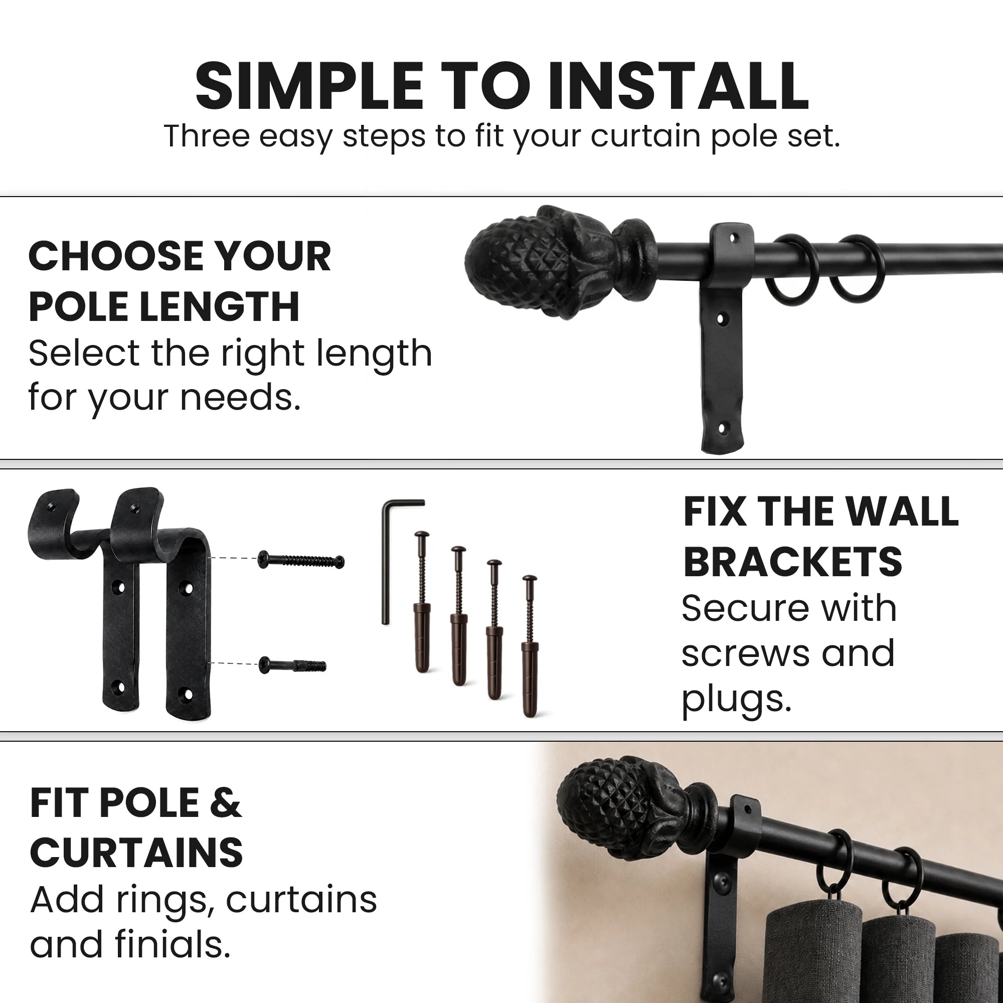 Premium 16mm Solid Wrought Iron Curtain Pole Set with Acorn Finials – Smithy Matt Black