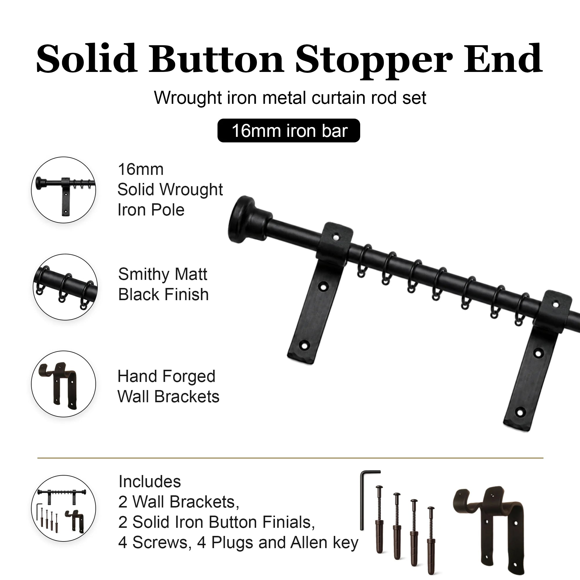 Premium 16mm Solid Wrought Iron Curtain Pole Set with Button Finials – Smithy Matt Black