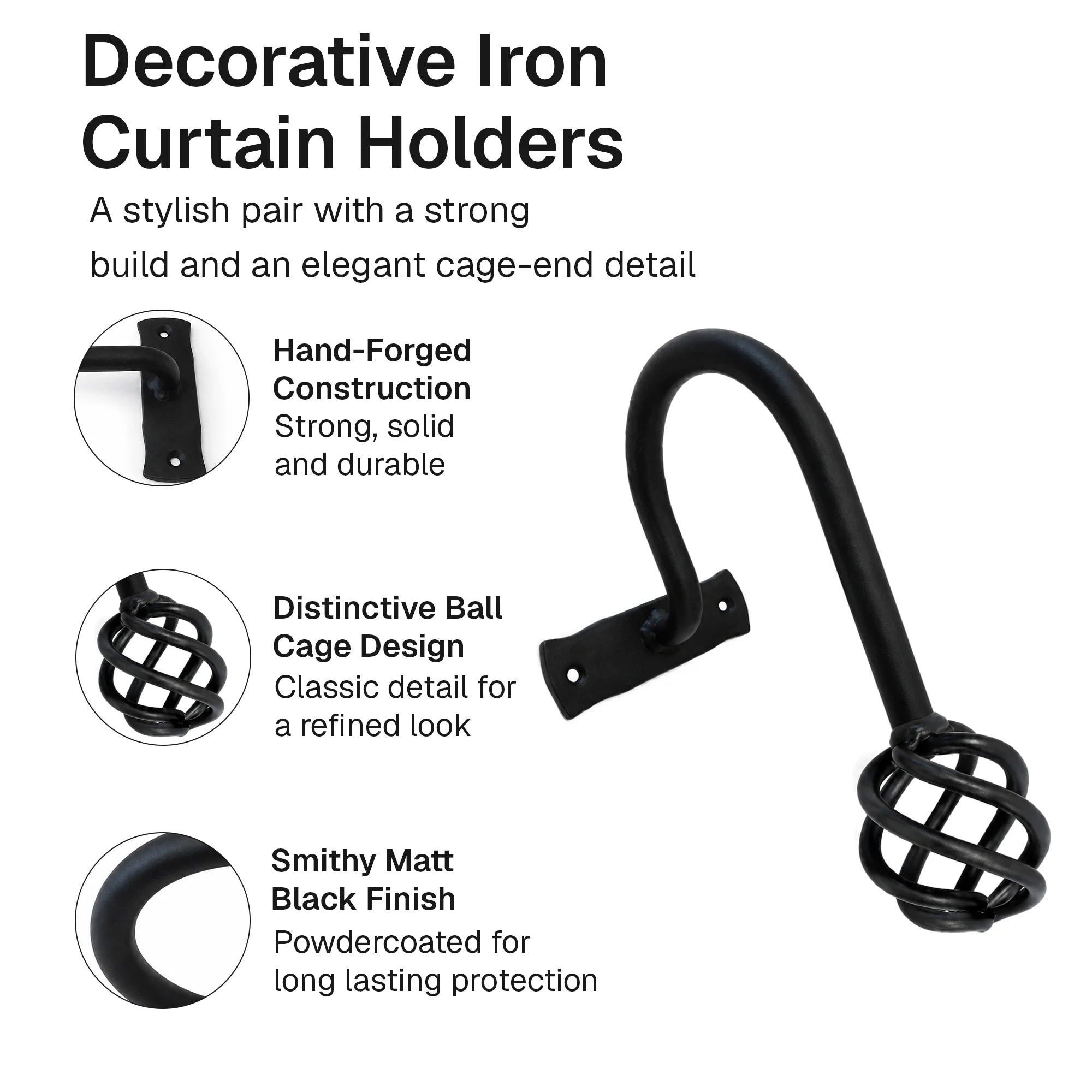 Pair of Hand Forged Wrought Iron Ball Cage Tie Backs – Smithy Matt Black
