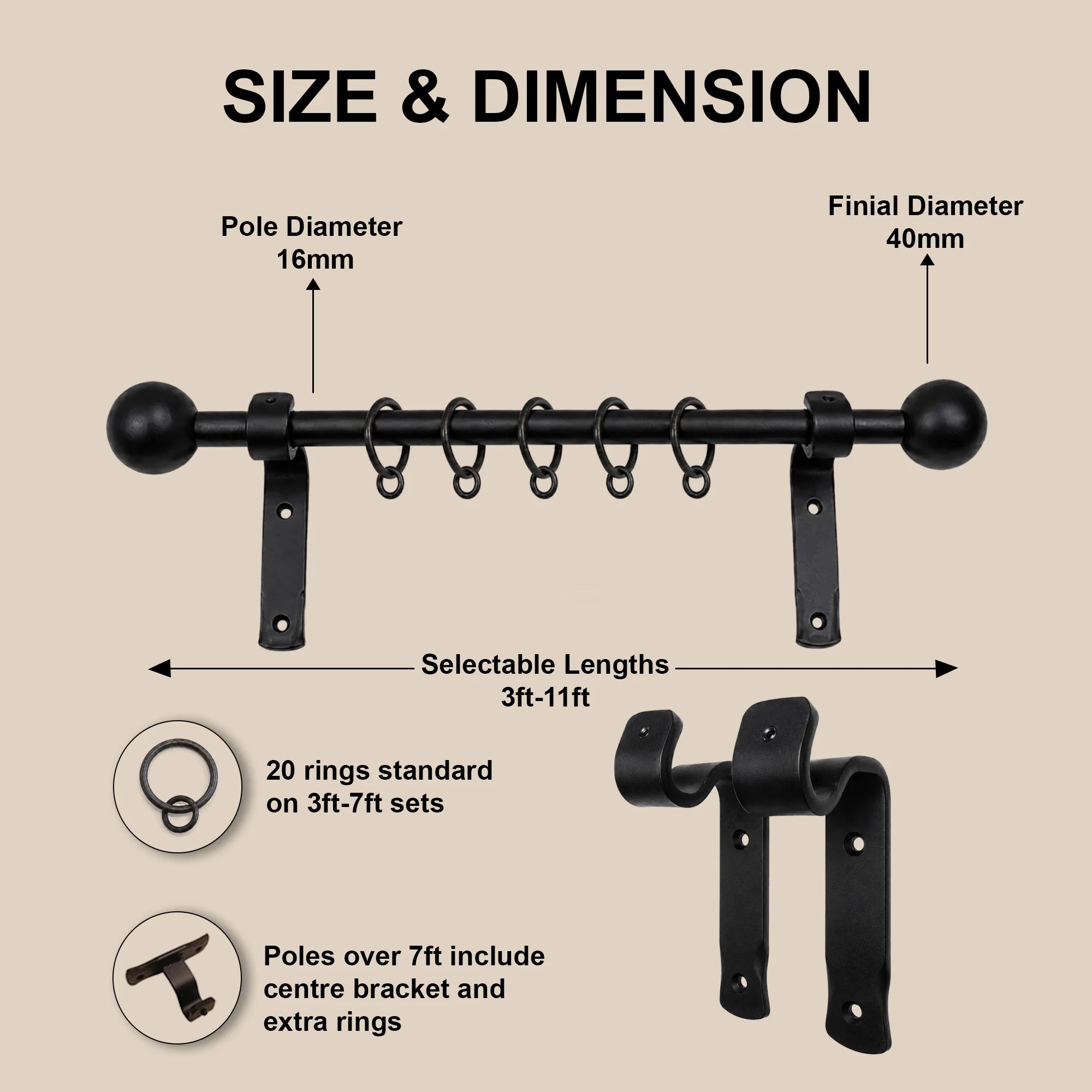 Premium 16mm Solid Wrought Iron Curtain Pole Set with Scroll Finials – Smithy Matt Black
