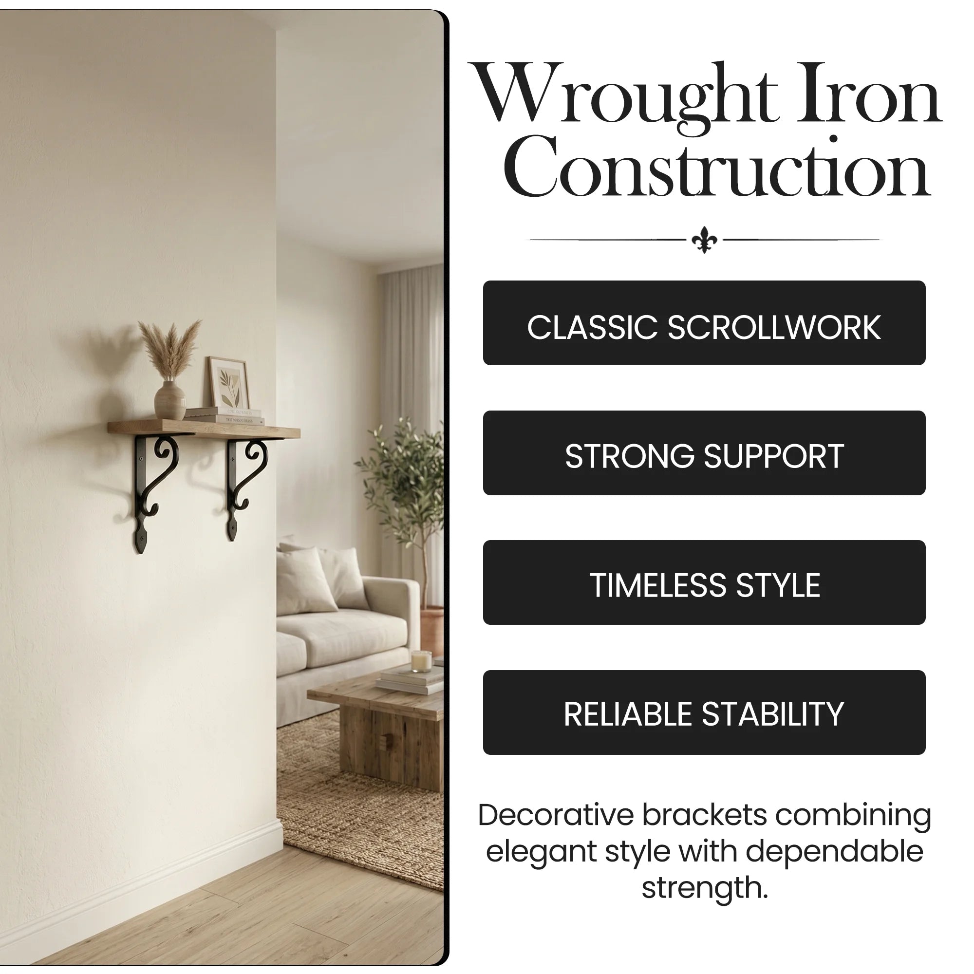 Premium Black Wrought Iron Ornate Scroll Shelf Brackets – Pair