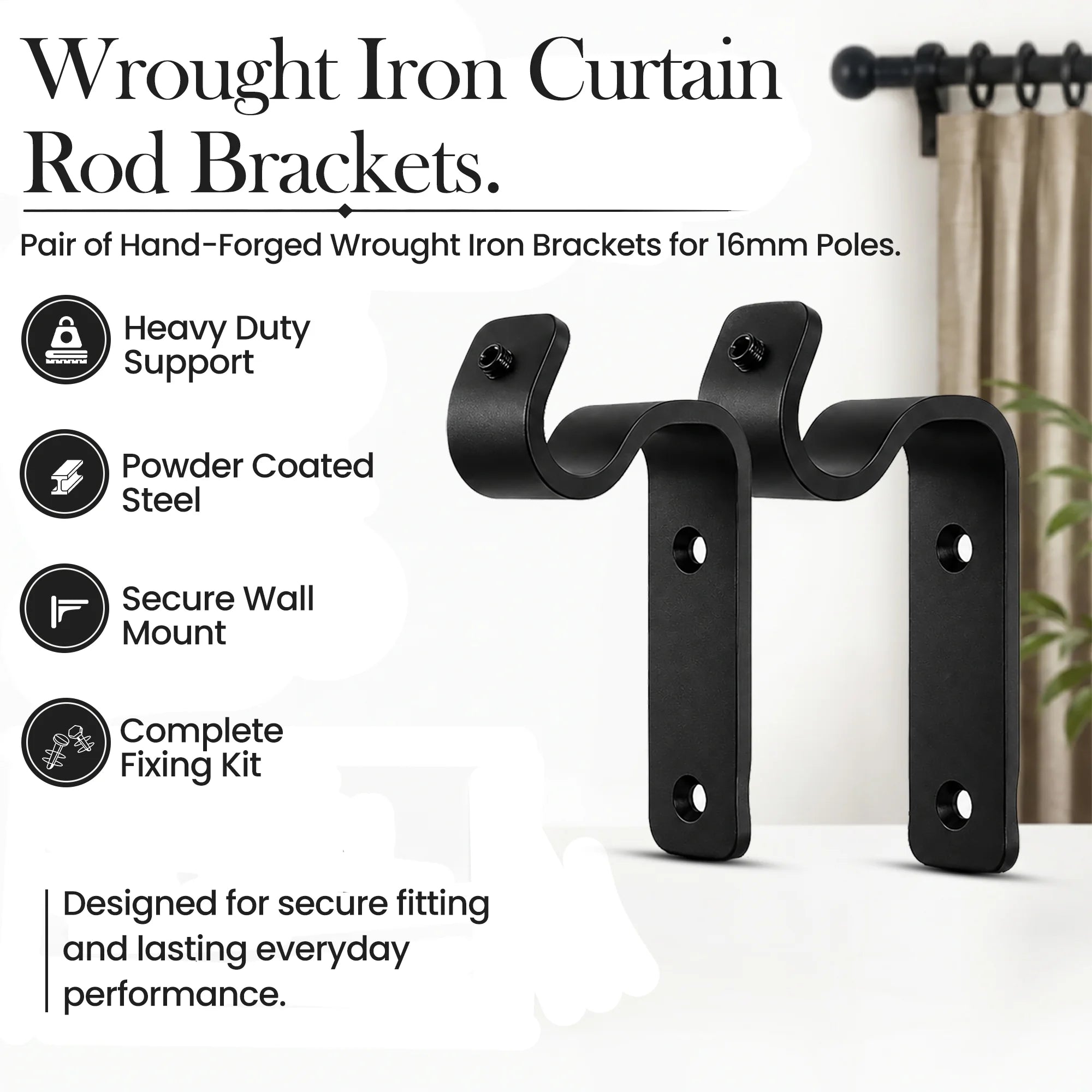 Pair of Black Wrought Iron Curtain Pole Wall Brackets for 16mm Curtain Rod