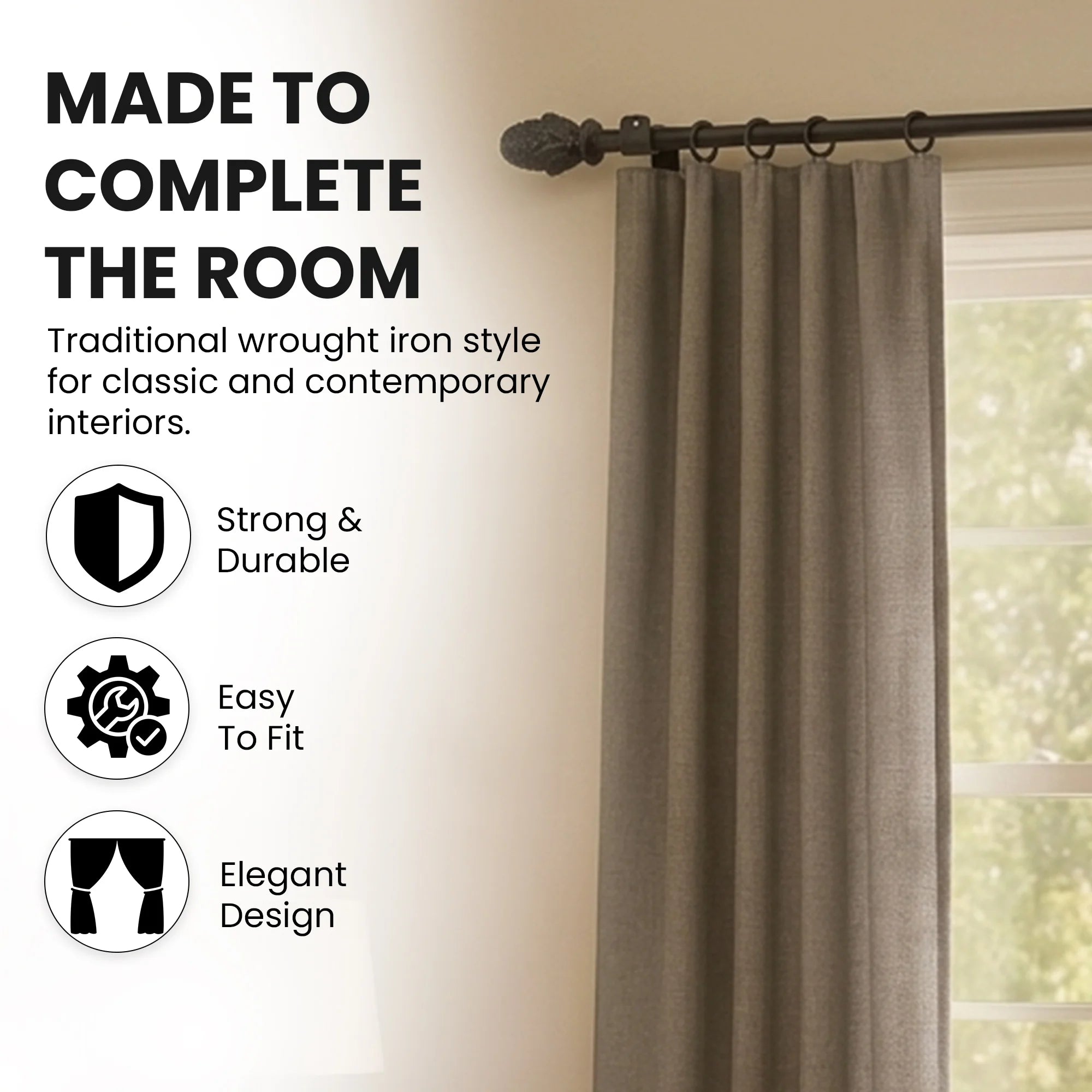 Premium 16mm Solid Wrought Iron Curtain Pole Set with Acorn Finials – Smithy Matt Black