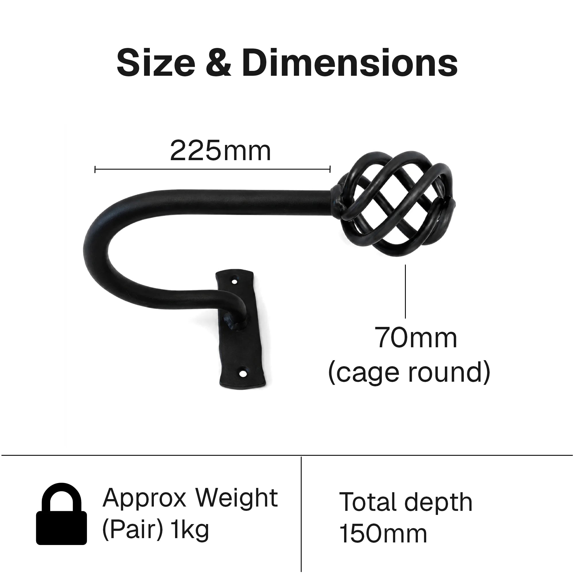 Pair of Hand Forged Wrought Iron Ball Cage Tie Backs – Smithy Matt Black