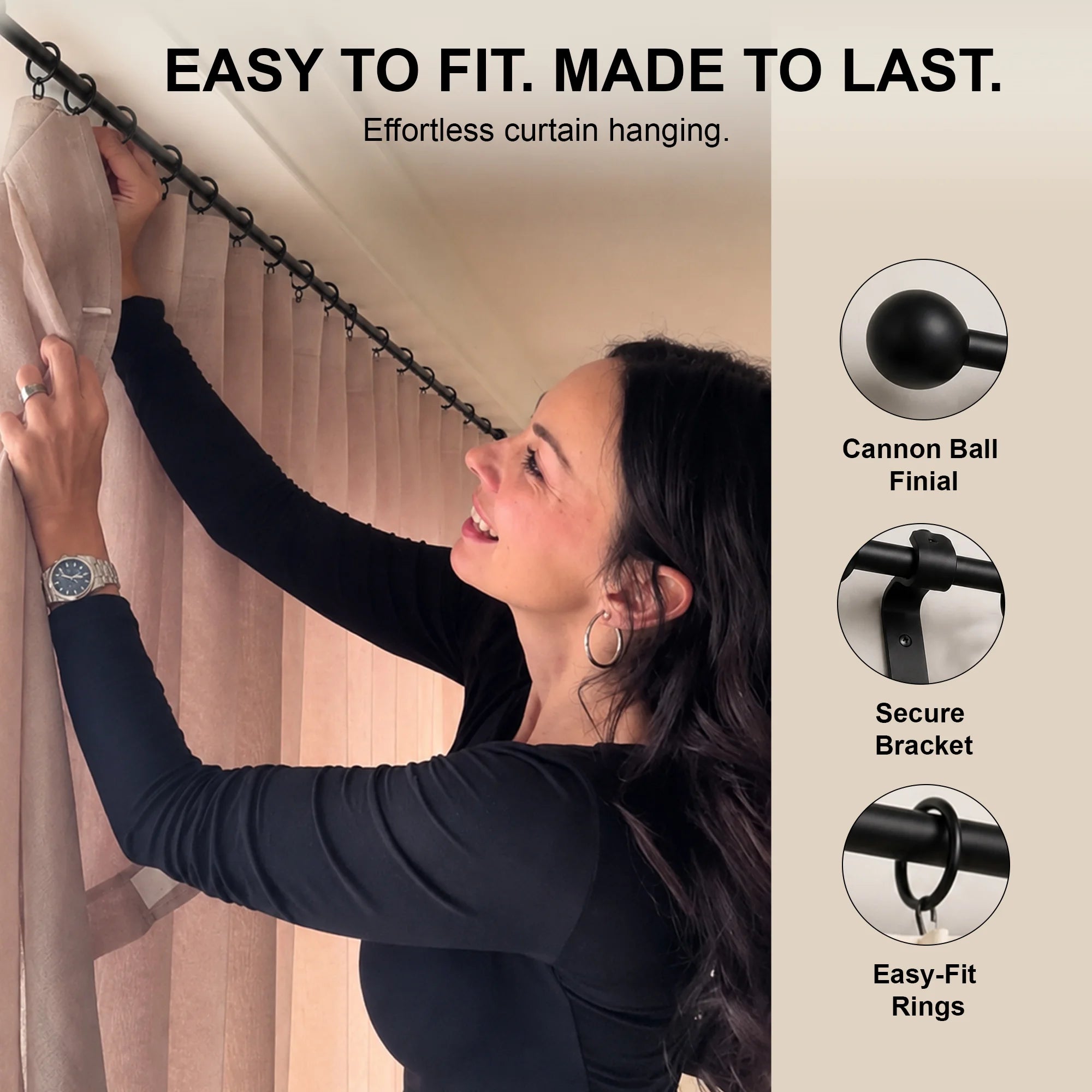 Premium 16mm Solid Wrought Iron Curtain Pole Set with Scroll Finials – Smithy Matt Black