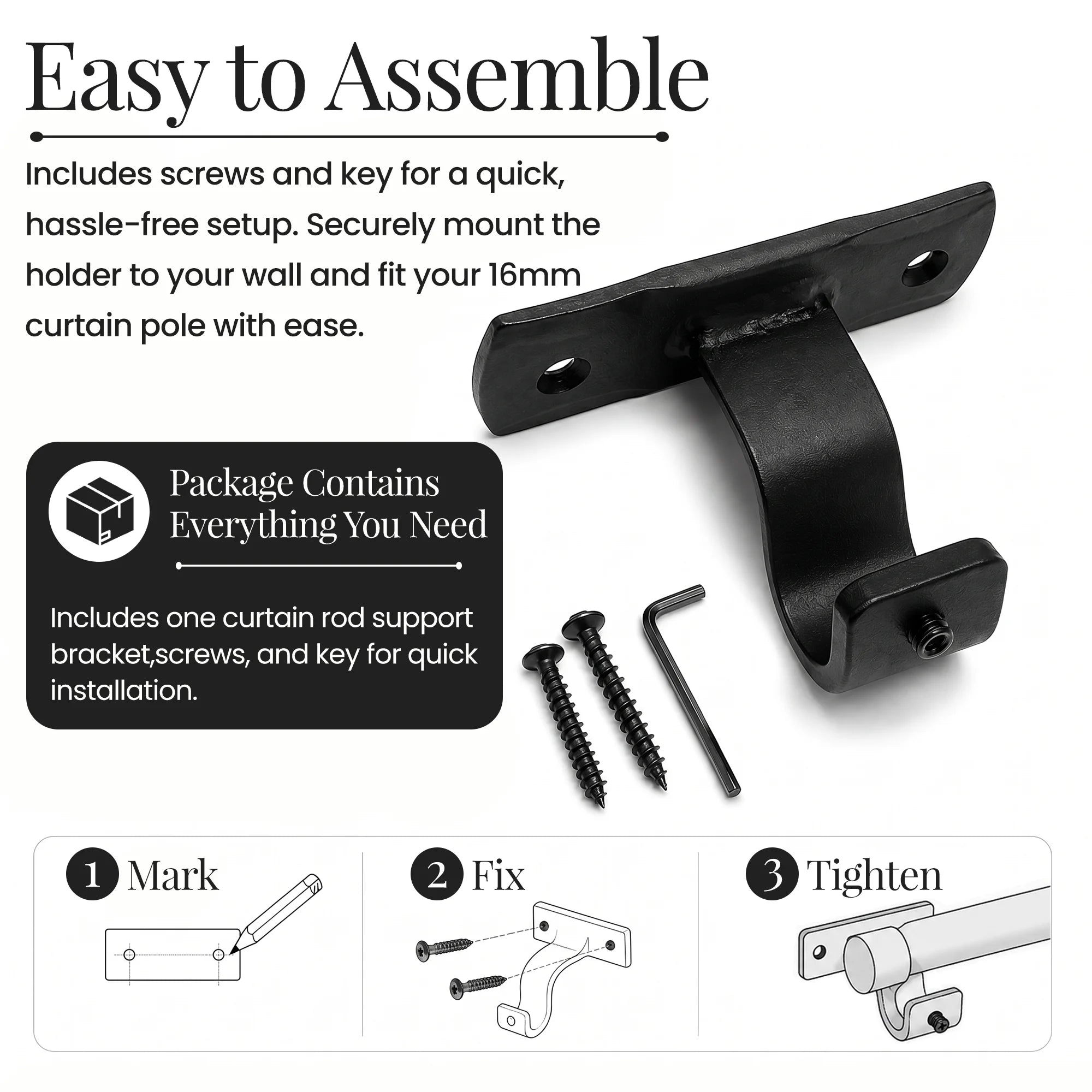 Premium Black Wrought Iron Centre Curtain Pole Bracket for 16mm Rod