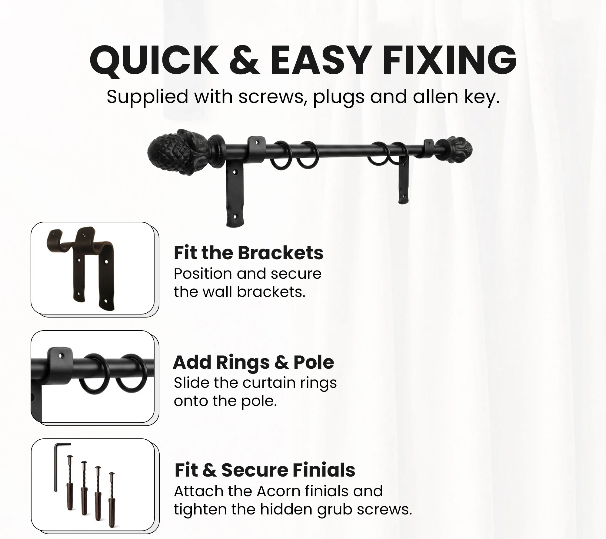 Premium 16mm Solid Wrought Iron Curtain Pole Set with Acorn Finials – Smithy Matt Black