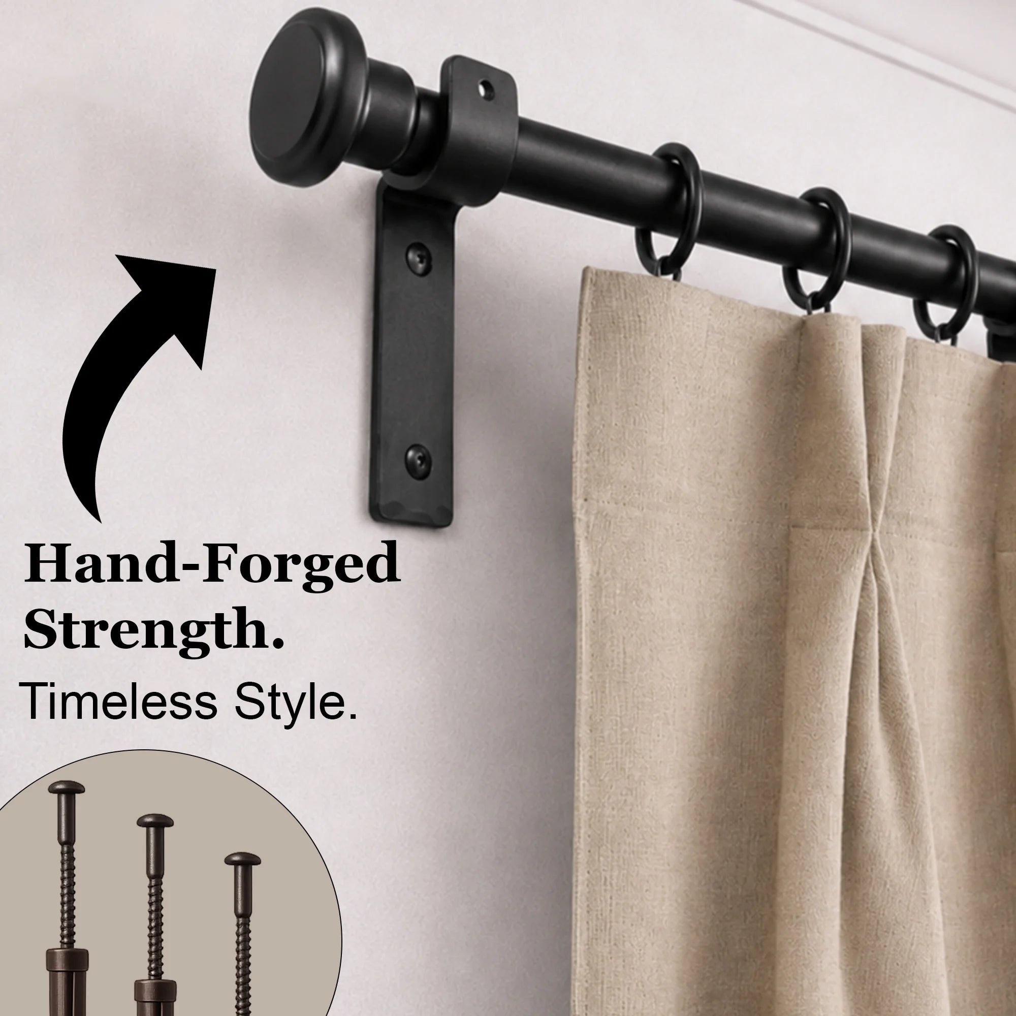 Premium 16mm Solid Wrought Iron Curtain Pole Set with Button Finials – Smithy Matt Black