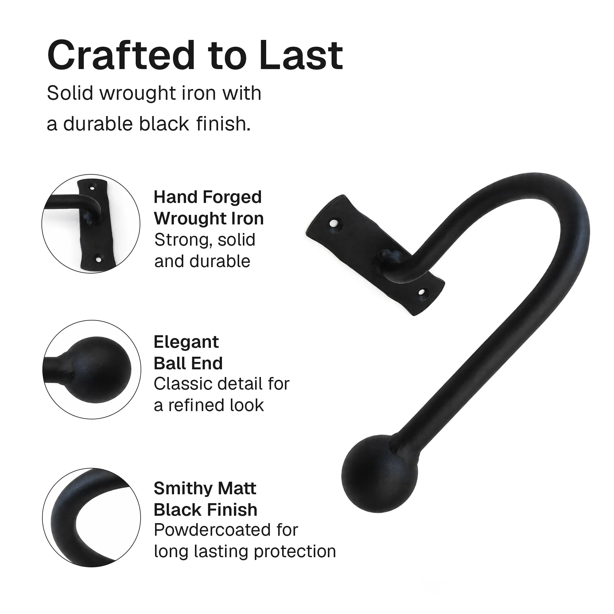 Pair of Hand Forged Wrought Iron Ball End Tie Backs – Smithy Matt Black