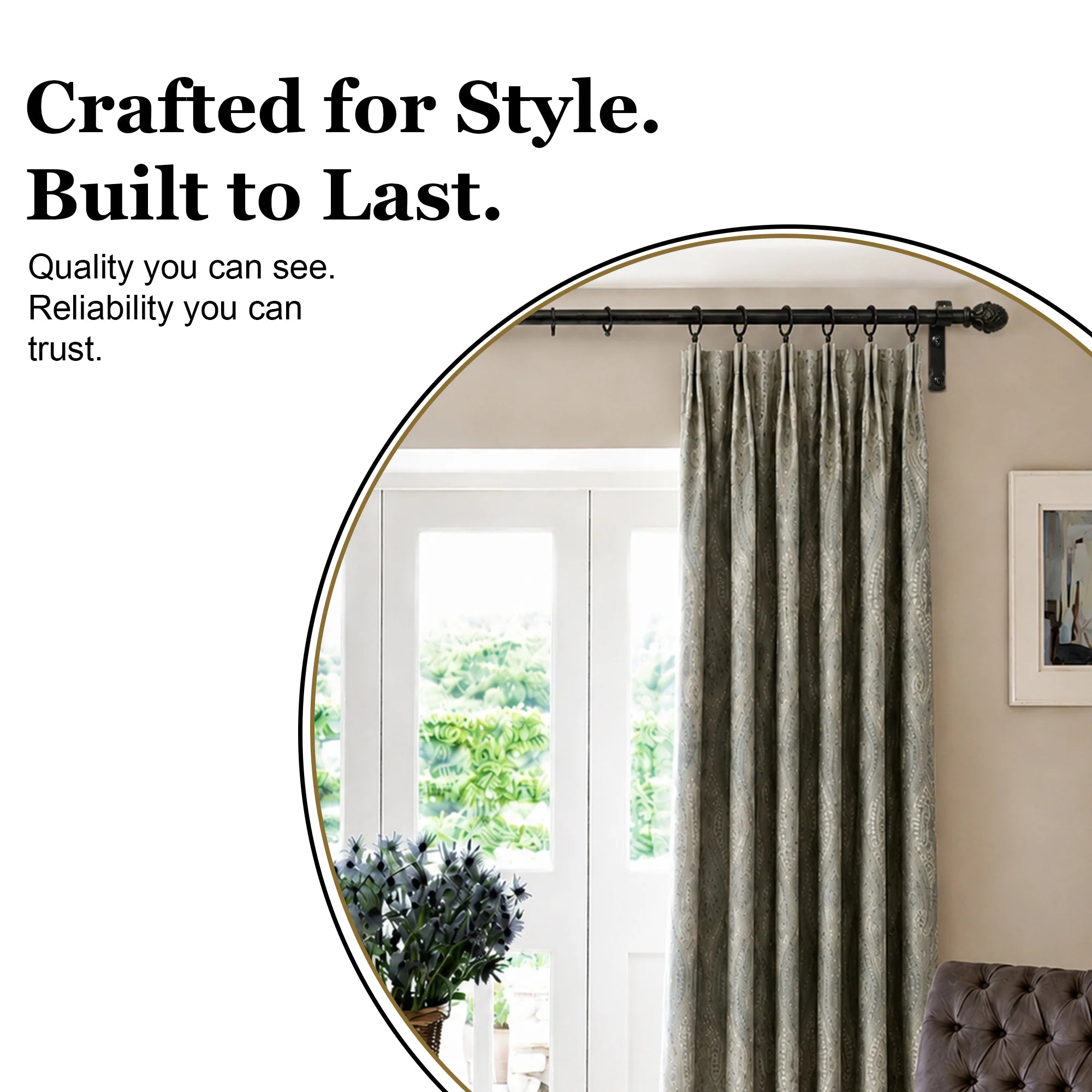 Premium 16mm Solid Wrought Iron Curtain Pole Set with Button Finials – Smithy Matt Black