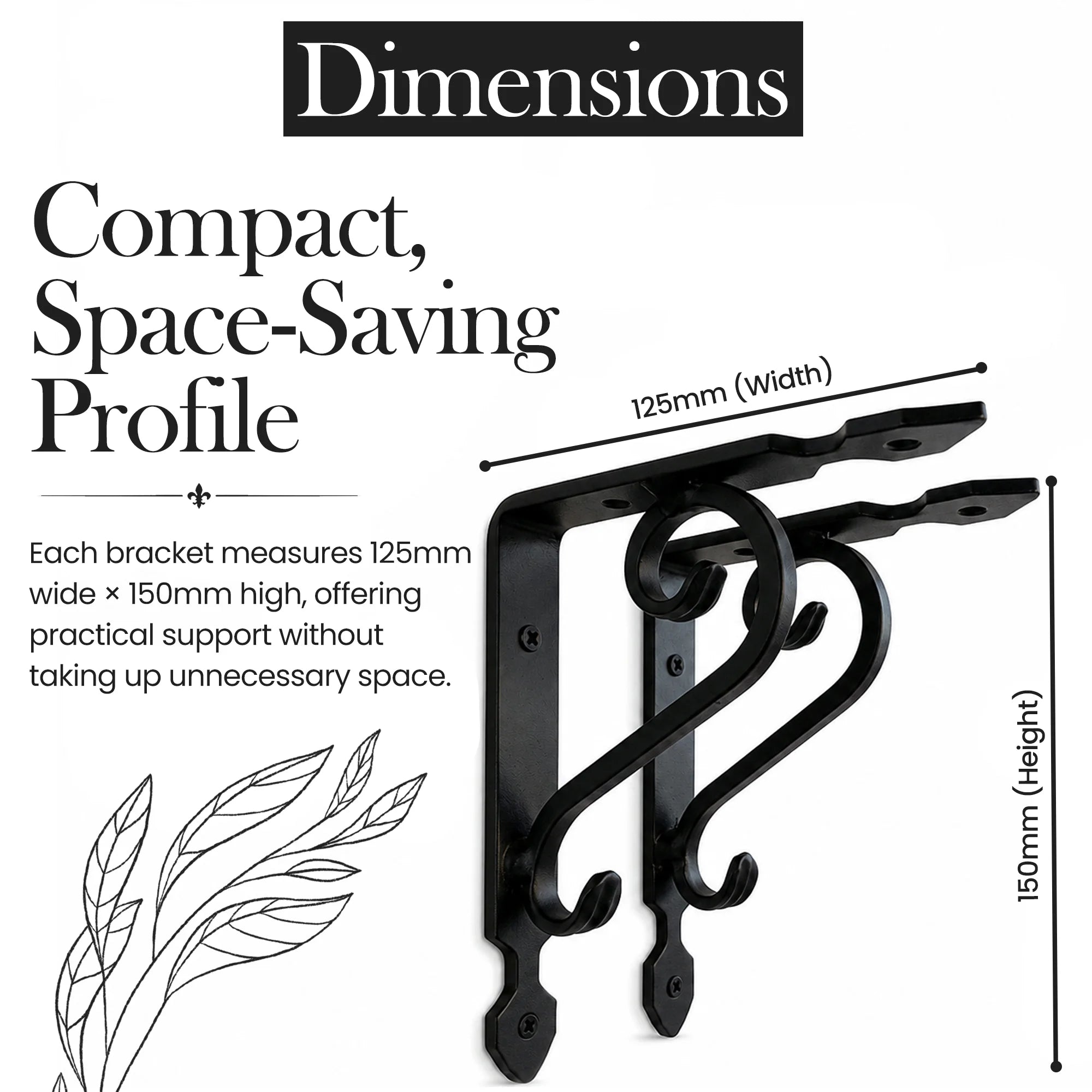 Premium Black Wrought Iron Ornate Scroll Shelf Brackets – Pair