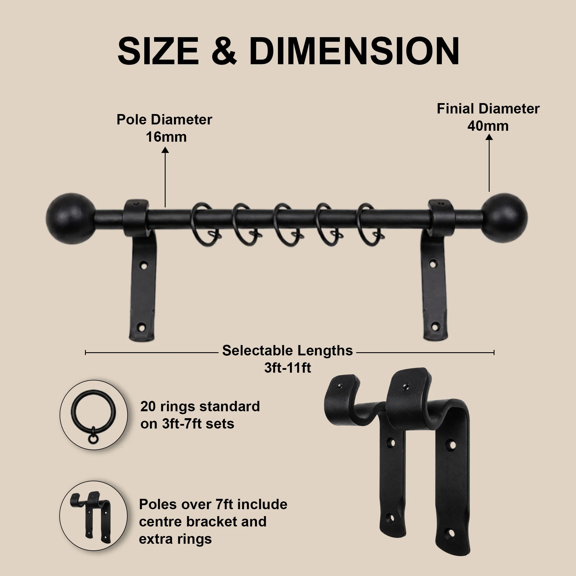 Premium 16mm Solid Wrought Iron Curtain Pole Set – Smithy Matt Black