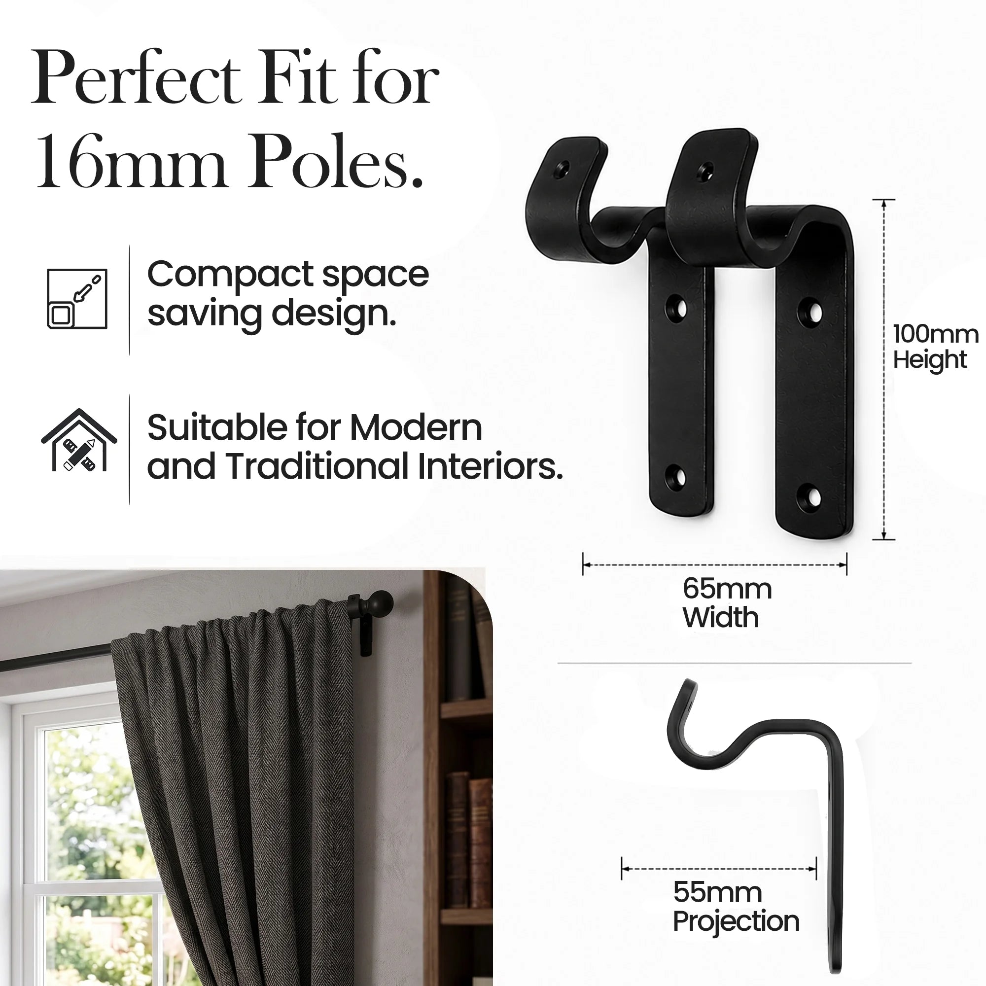 Pair of Black Wrought Iron Curtain Pole Wall Brackets for 16mm Curtain Rod