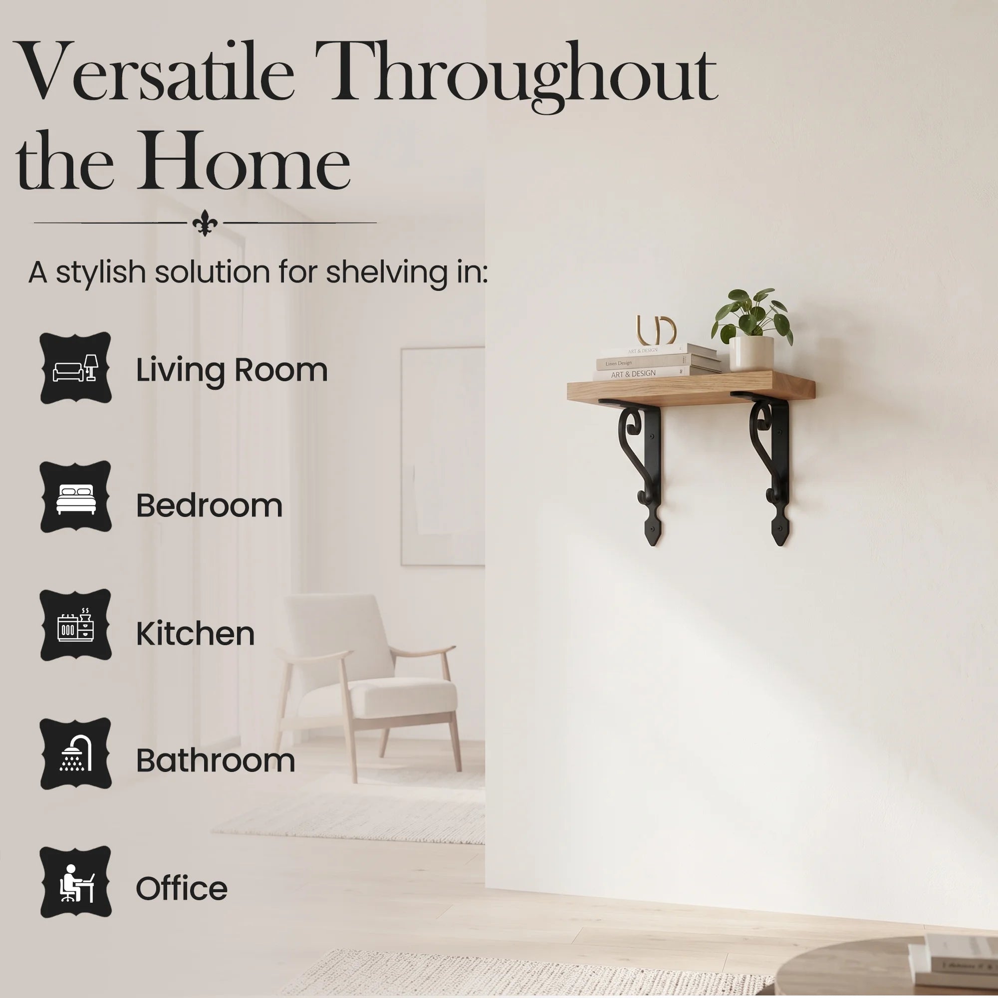 Premium Black Wrought Iron Ornate Scroll Shelf Brackets – Pair