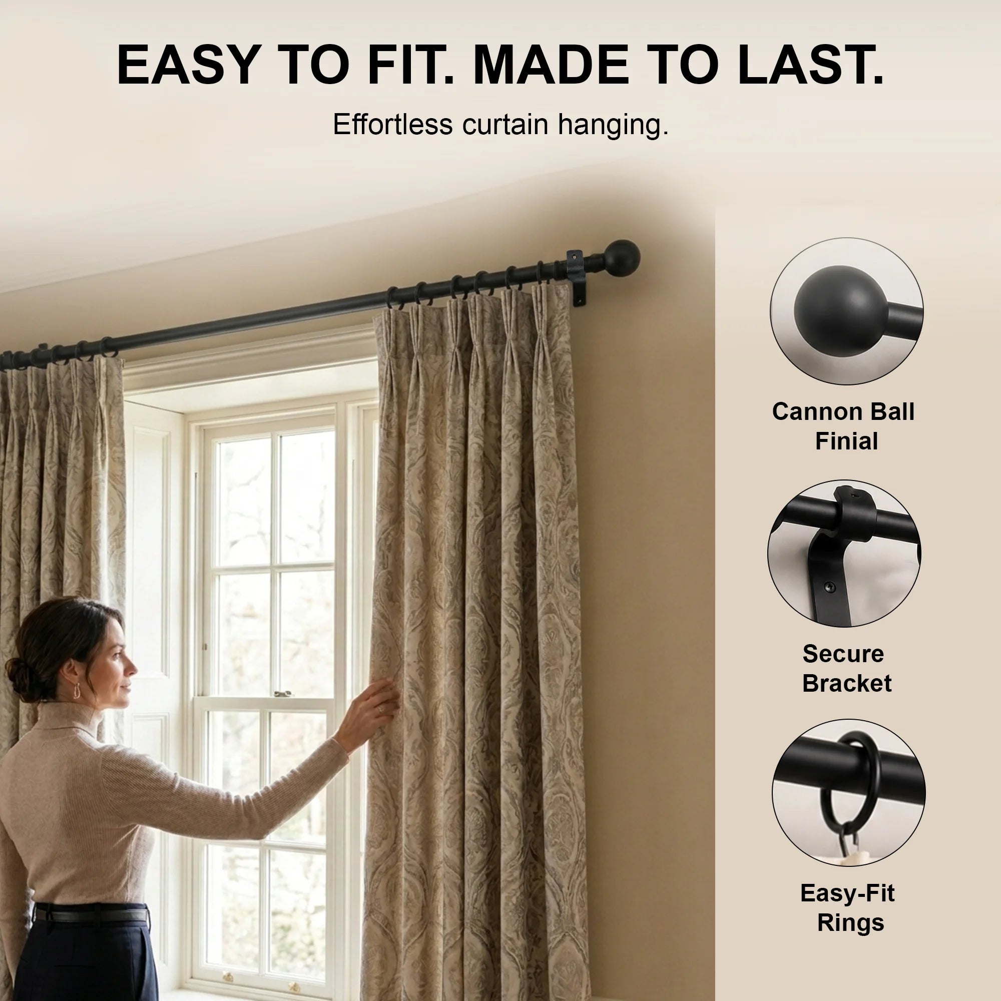 Premium 16mm Solid Wrought Iron Curtain Pole Set – Smithy Matt Black