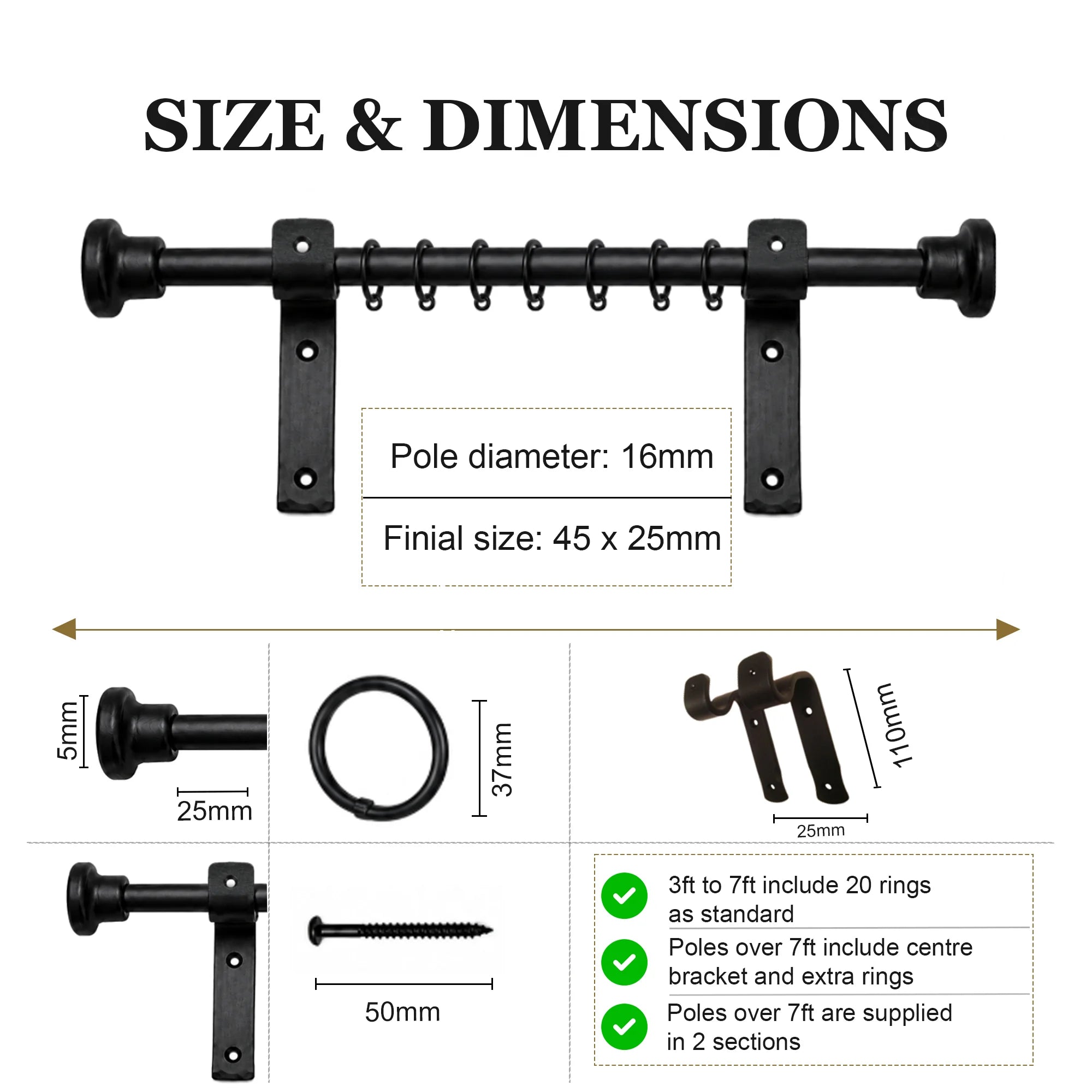 Premium 16mm Solid Wrought Iron Curtain Pole Set with Button Finials – Smithy Matt Black
