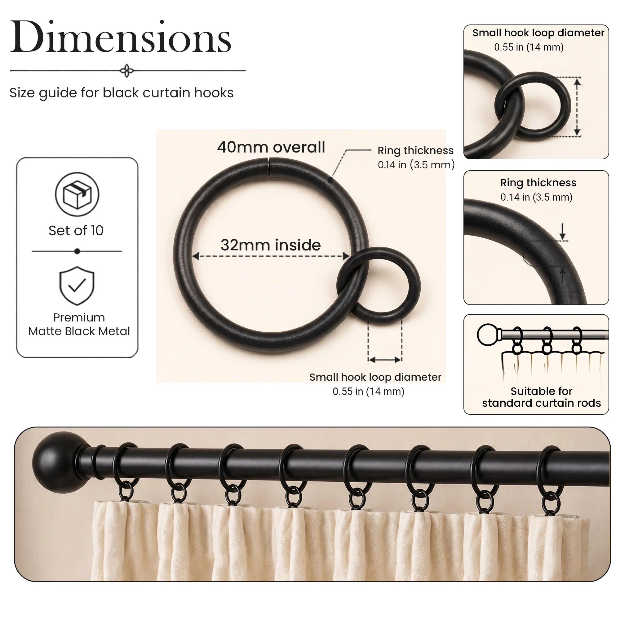 Matt Black Wrought Iron Curtain Rings – 40mm OD × 32mm ID – Pack of 10