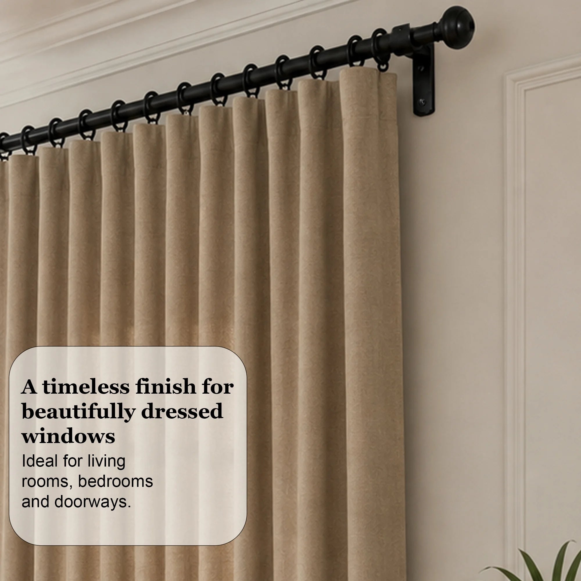 Premium 16mm Solid Wrought Iron Curtain Pole Set with Button Finials – Smithy Matt Black