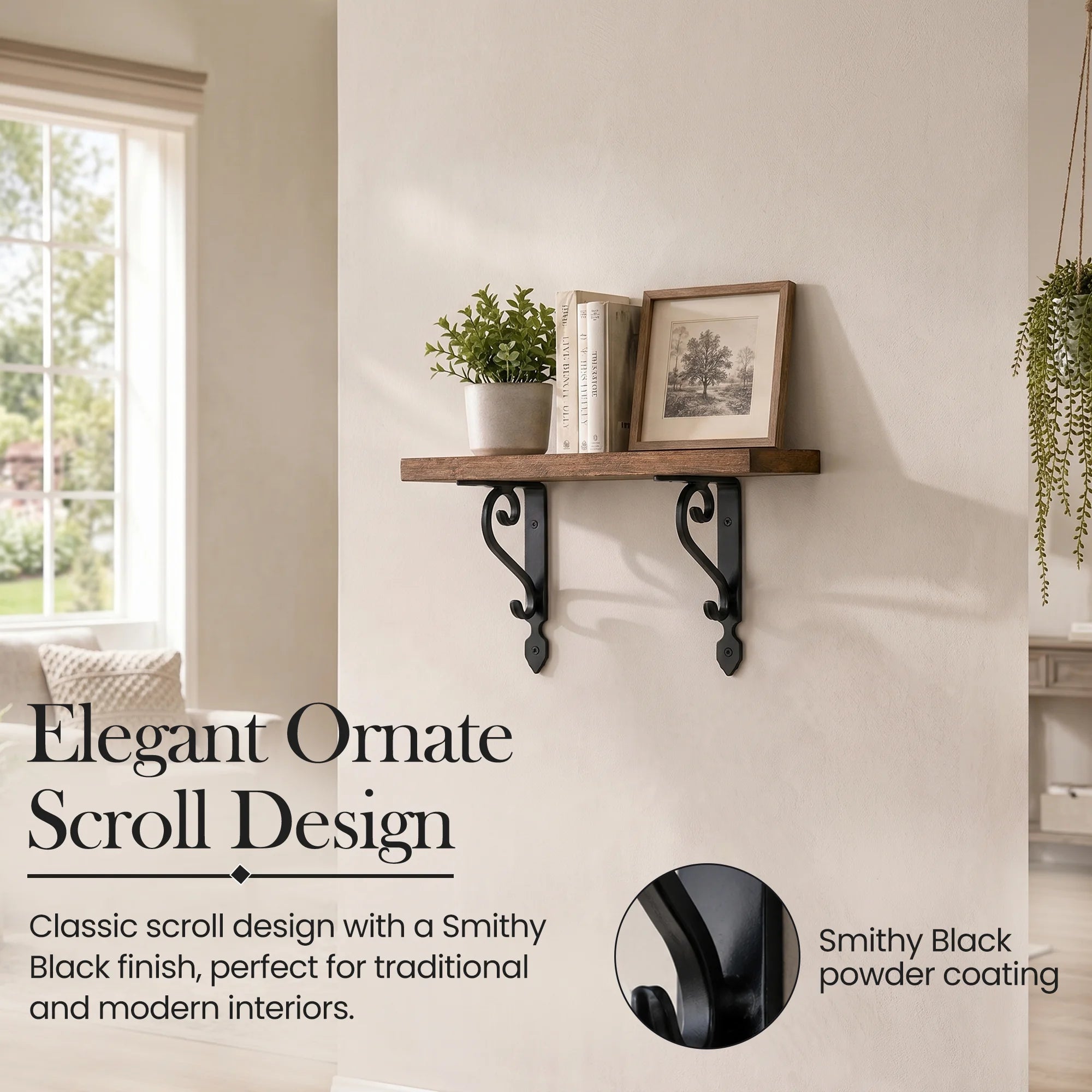 Premium Black Wrought Iron Ornate Scroll Shelf Brackets – Pair