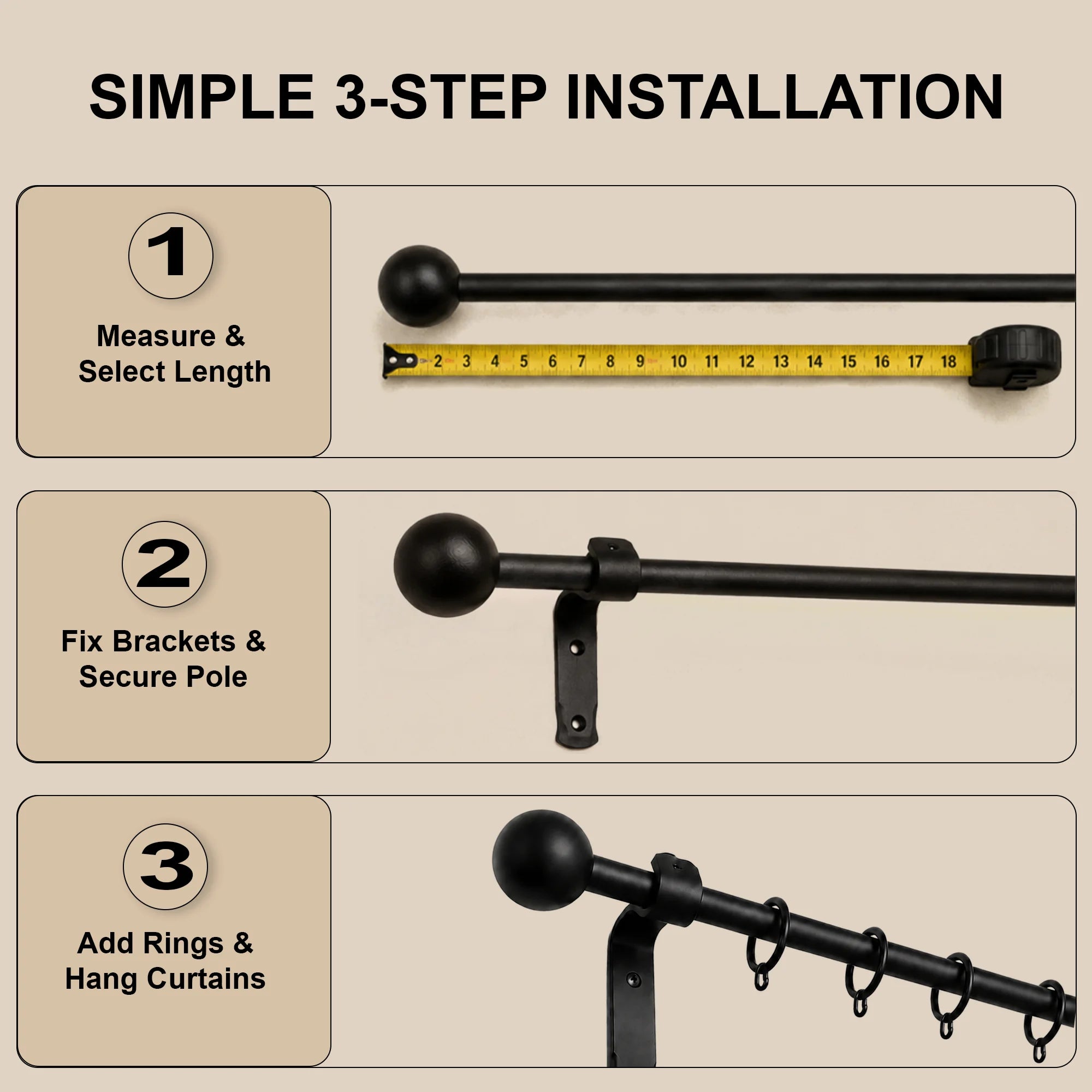 Premium 16mm Solid Wrought Iron Curtain Pole Set – Smithy Matt Black