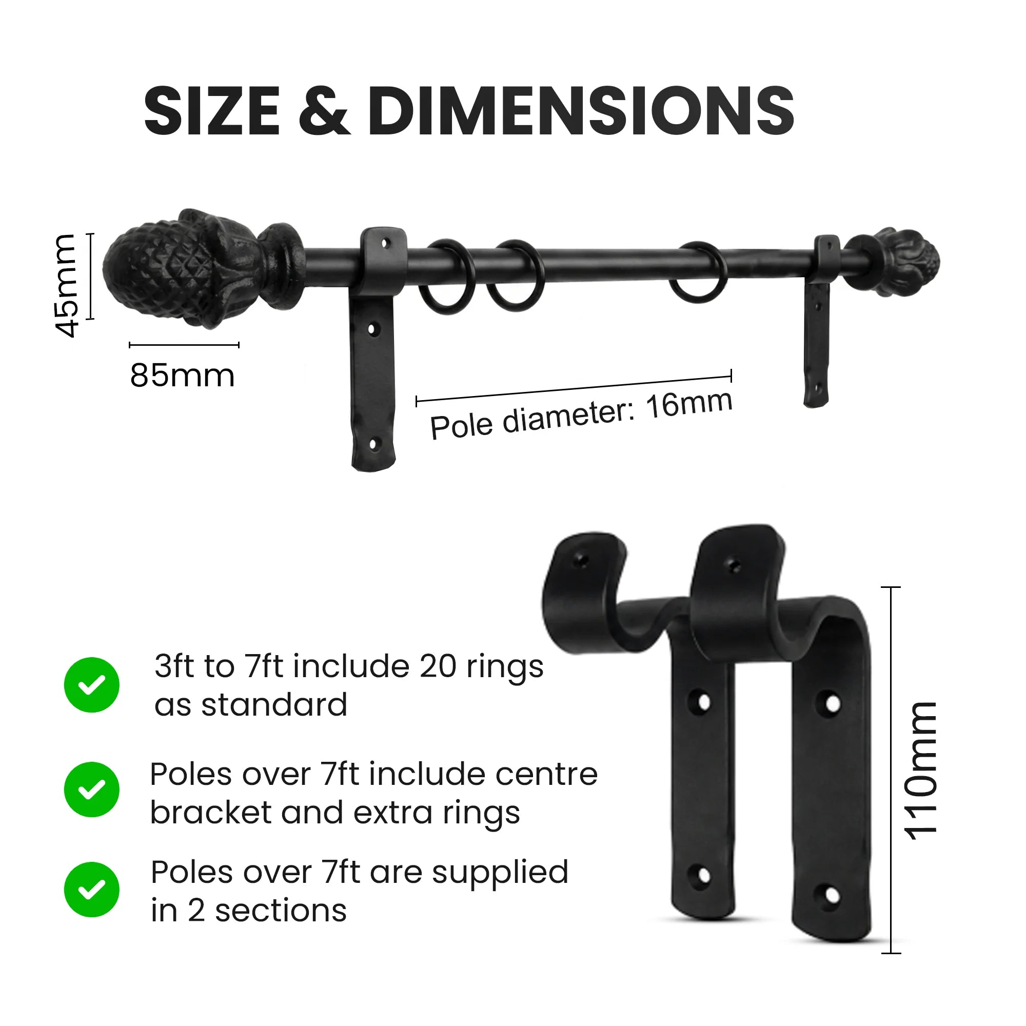 Premium 16mm Solid Wrought Iron Curtain Pole Set with Acorn Finials – Smithy Matt Black