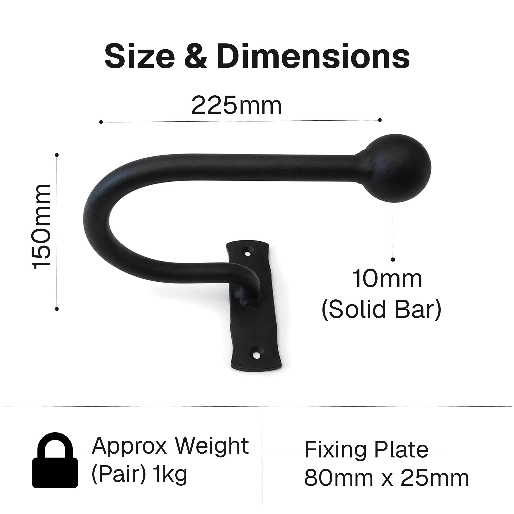 Pair of Hand Forged Wrought Iron Ball End Tie Backs – Smithy Matt Black