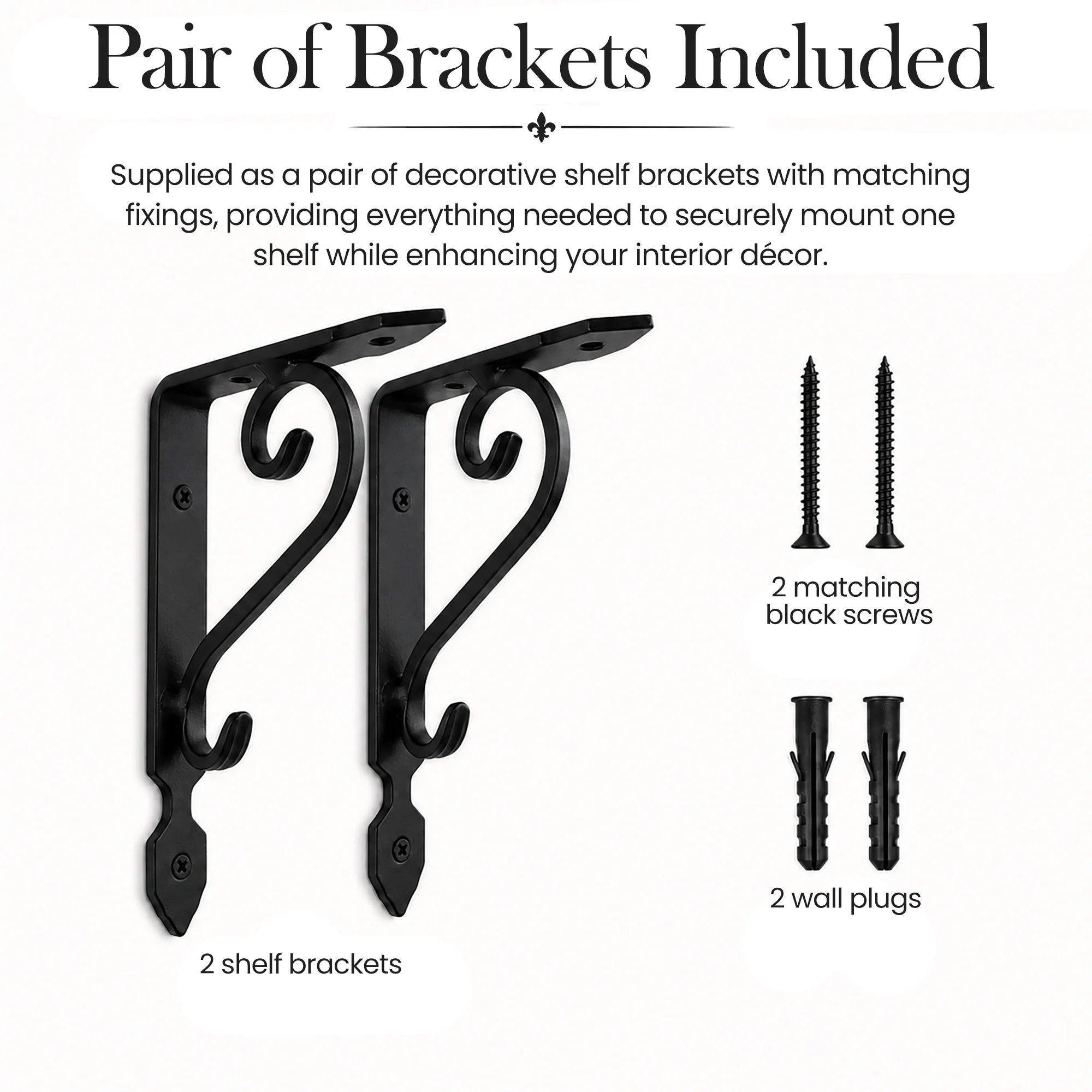 Premium Black Wrought Iron Ornate Scroll Shelf Brackets – Pair