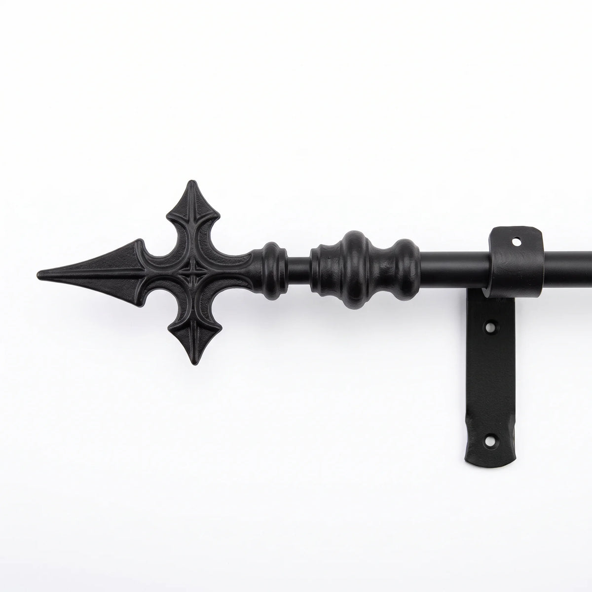 Black wrought iron curtain pole with Church Cross finial