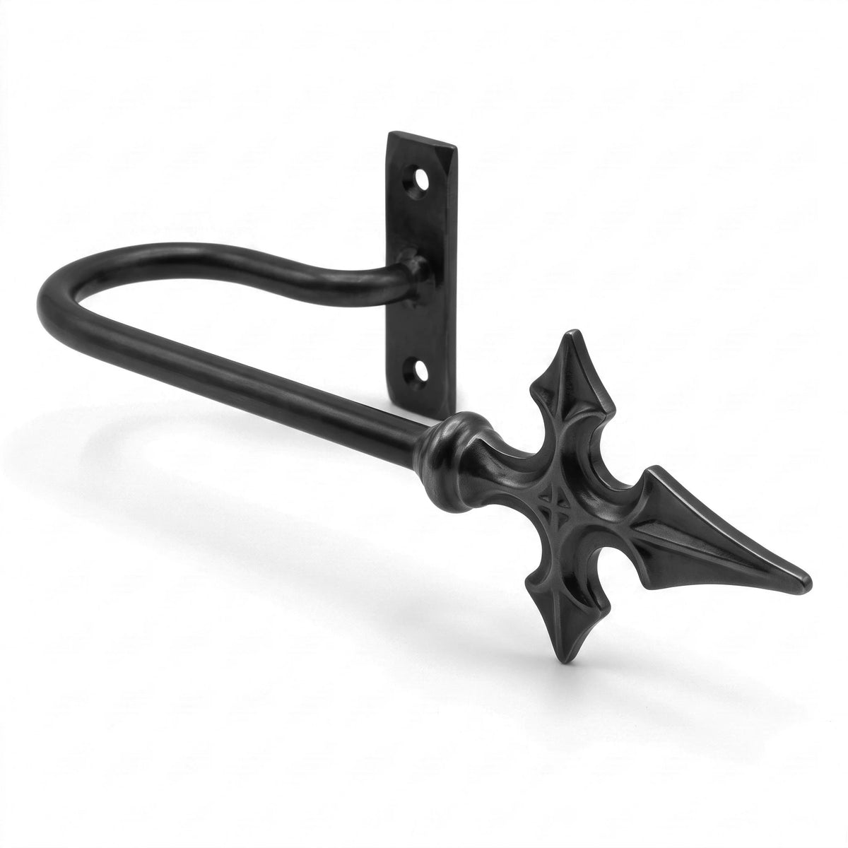 Wrought iron curtain pole in matt black with decorative finial