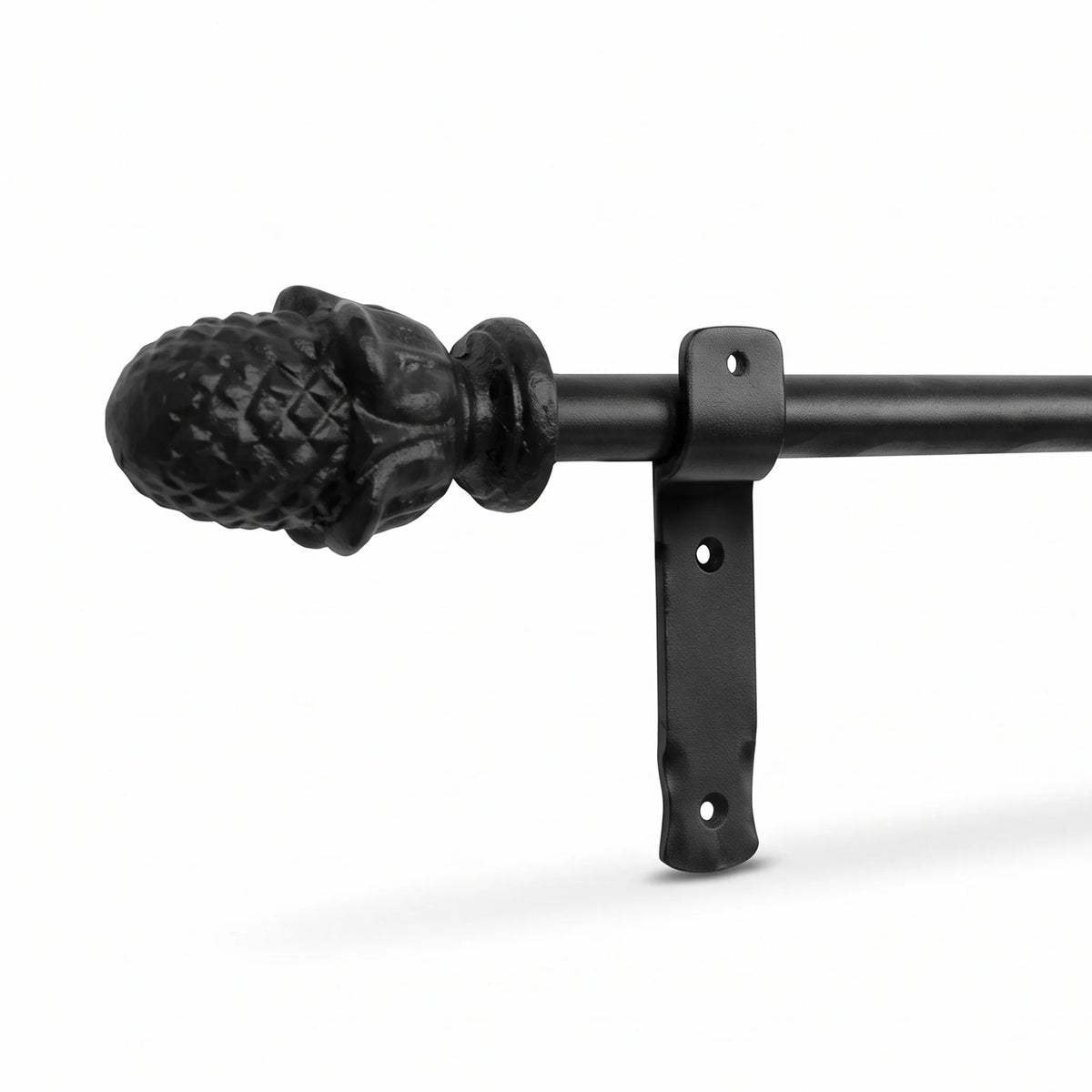 Black wrought iron curtain pole with decorative finial and mounting bracket