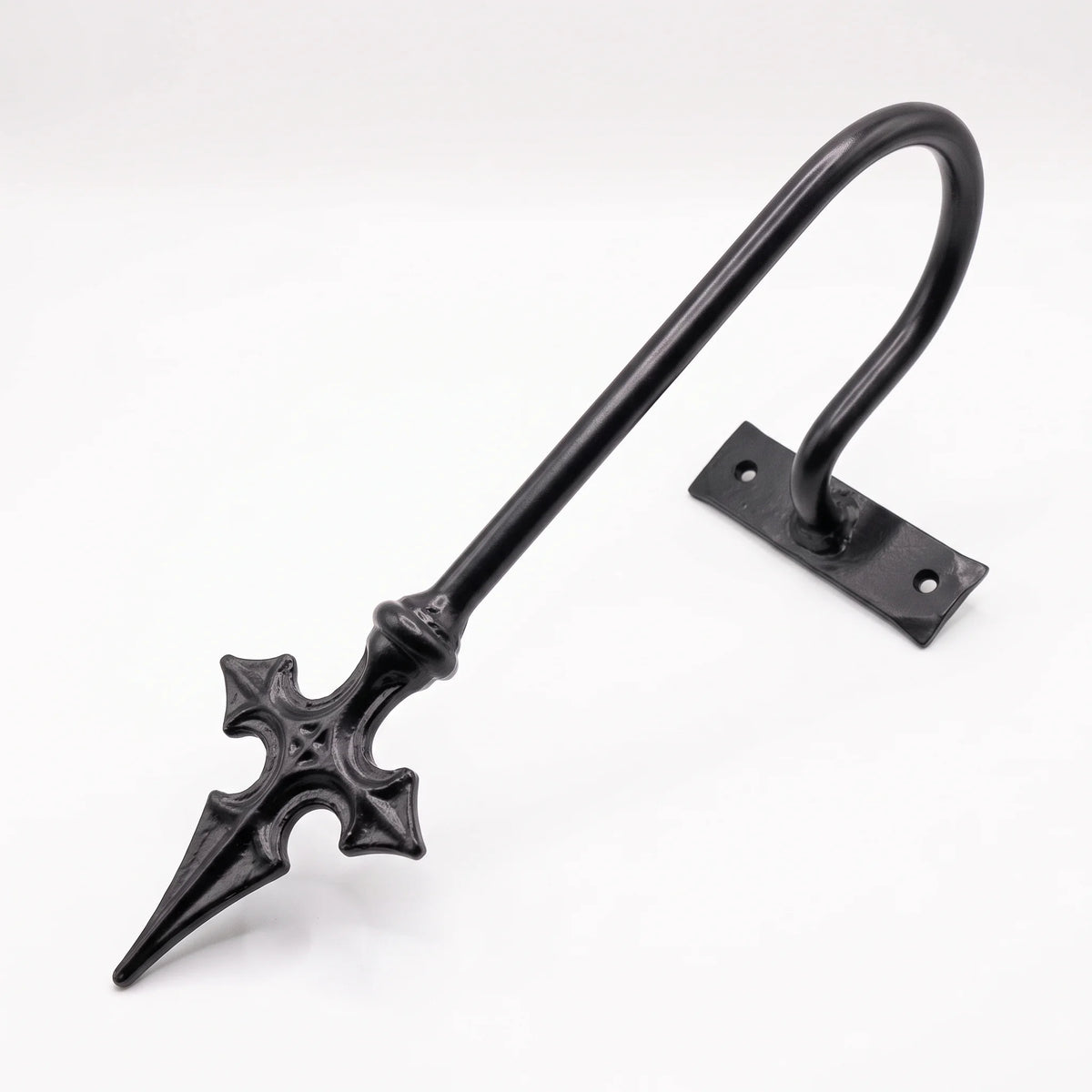Black wrought iron decorative wall hook with pointed scroll design